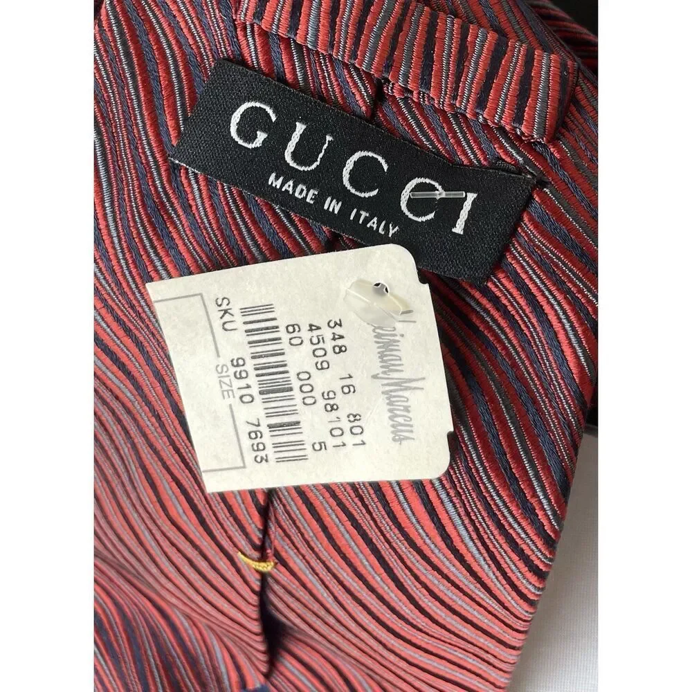 NWT'S Authentic Gucci Silk Necktie 90's Vintage Geo Stripe Red/Black/Blue Italy